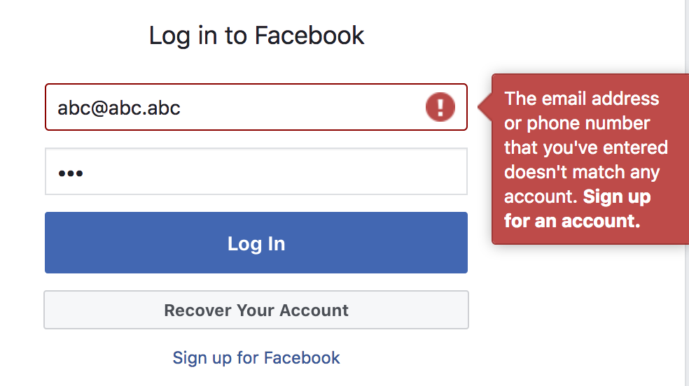 'Facebook login error message'