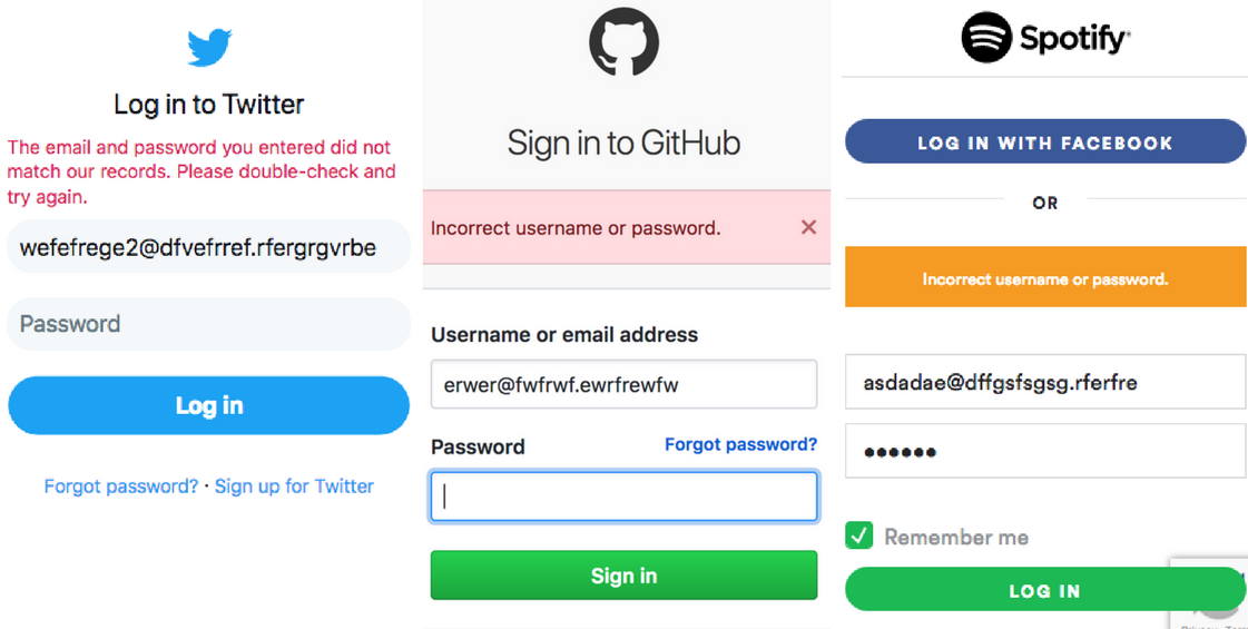 'Twitter, Github and Spotify's login error messages'